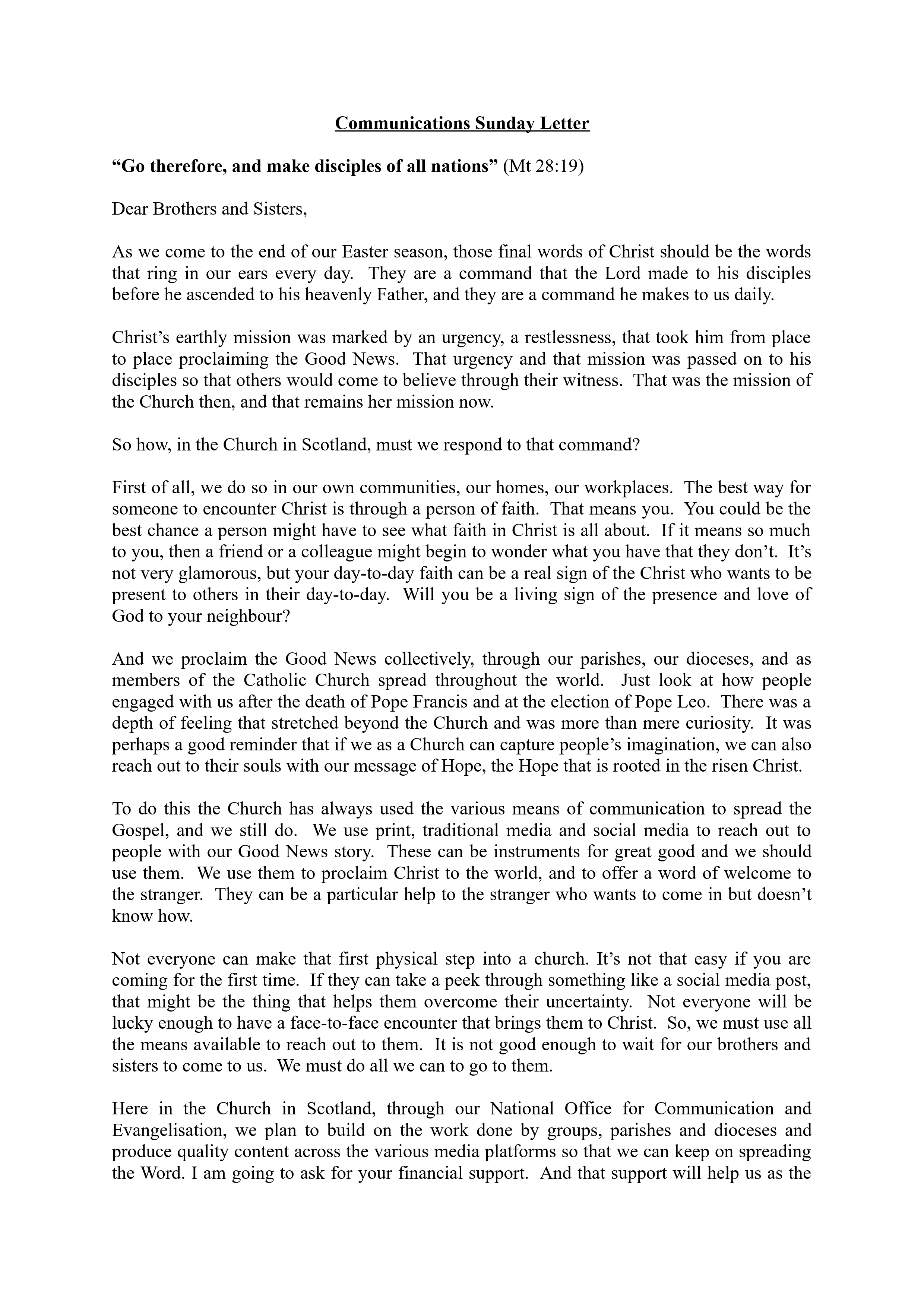 Communications Sunday Letter - May 2025